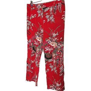 Boston Proper 100% Silk Red Floral Wide Leg Pants Womens 10 Crop Length Flowy